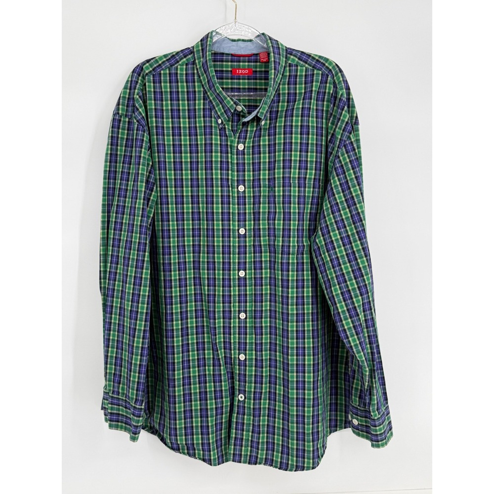 IZOD Mens Sz 3XL Plaid Button Down Shirt Green Blue Yellow Long Sleeve Cotton‎